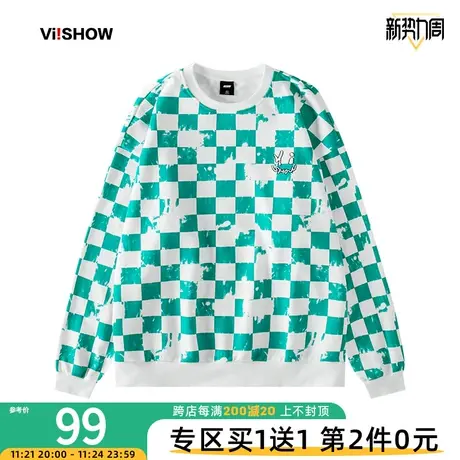VIISHOW绿色卫衣男2023春秋新品潮牌时尚帽衫圆领套头棋盘格上衣商品大图