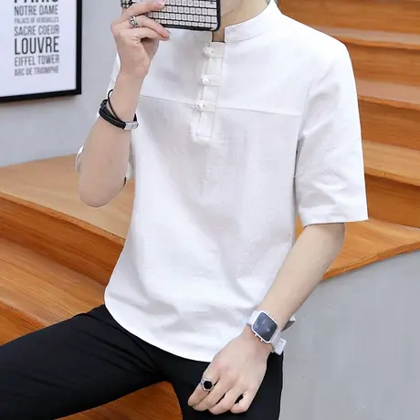 亚麻t恤男中国风唐装男士短袖盘扣五分袖衬衫夏季中袖纯棉麻大码图片