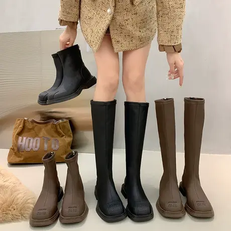 爆款复古长靴子女2023年新款秋冬季马丁短靴粗跟不过膝时装骑士靴图片