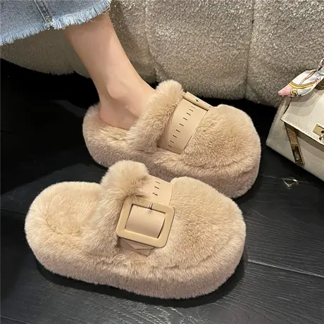 包头半拖鞋女外穿时尚百搭2024年秋冬新款网红松糕厚底毛毛棉拖鞋商品大图