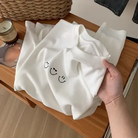 白色内搭打底衫女双面磨毛德绒长袖T恤秋冬宽松显瘦加绒保暖上衣商品大图