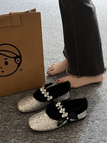 棉鞋女冬外穿2023年新款时尚百搭水钻豆豆鞋仙女风平底加绒毛毛鞋商品大图