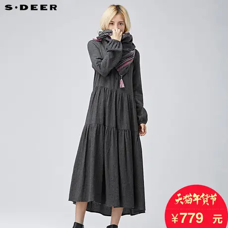 sdeer圣迪奥女2018冬装民族感手工绣花宽松长袖连衣裙S16481256图片