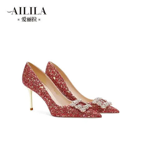 爱丽拉水晶红色结婚鞋女2024新款春季中式秀禾服新娘高跟鞋不累脚商品大图