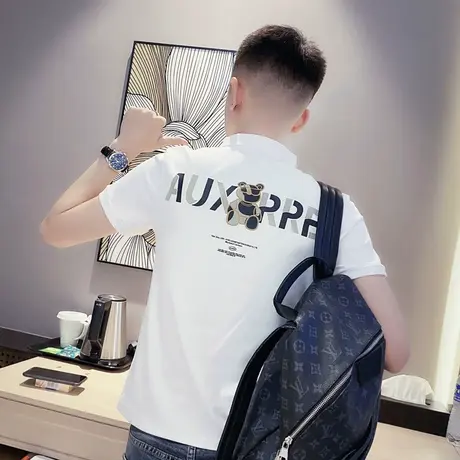 夏季短袖T恤后背小熊印花男翻领POLO衫刺绣百搭半截袖个性体恤男商品大图