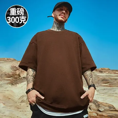 300克美式重磅复古纯色打底短袖T恤大码男装加肥加大半袖胖子男款商品大图