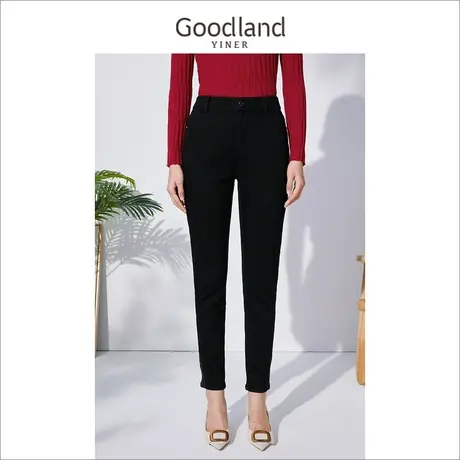 *切Goodland美地女装冬季钉珠装饰直筒高腰铅笔裤牛仔裤商品大图