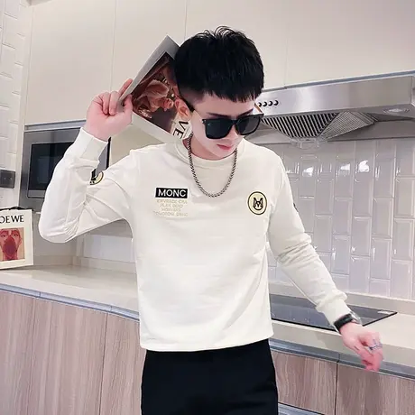 圆领卫衣男春秋新款潮牌ins刺绣贴片修身休闲长袖t恤套头重磅外套商品大图