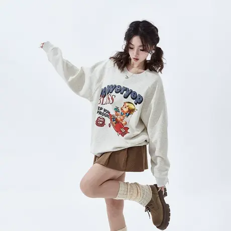 YEP美式复古卡通印花圆领卫衣女2024春季新款潮牌插肩袖宽松上衣图片