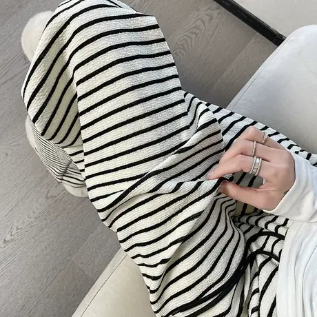 白色条纹直筒阔腿裤女2024春秋新款高腰宽松显瘦垂感休闲糯米裤子图片