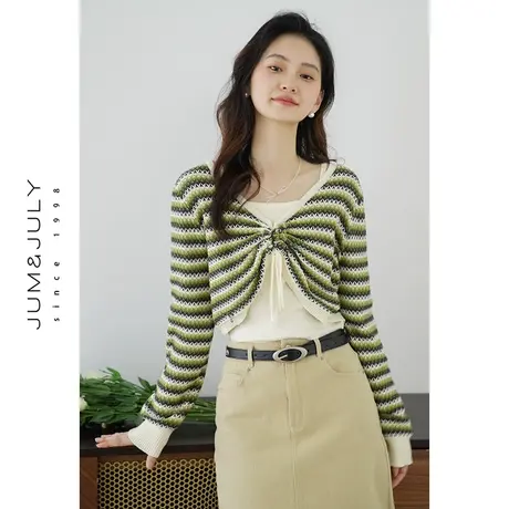 嘉茱莉2024新款条纹针织衫两件套女短款V领针织上衣设计感小众商品大图