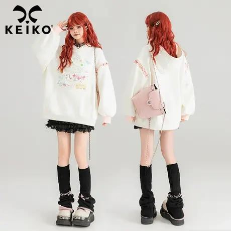 KEIKO 甜系减龄涂鸦印花白色卫衣春季设计感绑带拼袖宽松连帽外套图片