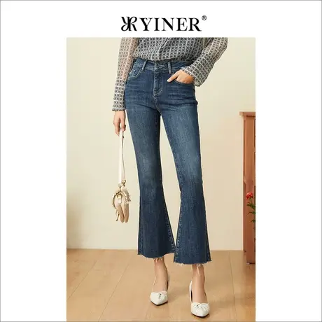 YINER音儿女装2022夏季新款时尚毛边微喇九分牛仔裤商品大图
