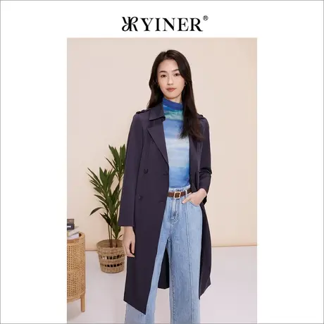 YINER音儿女装春季时尚休闲中长款双排扣戗驳领风衣外套图片