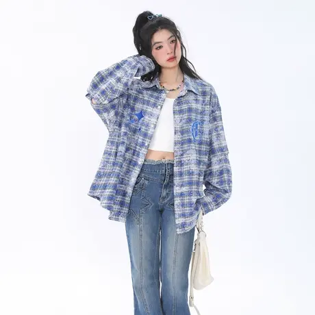 设计感潮拍格子衬衫女春秋2024新款可拆袖衬衣情侣装宽松复古上衣商品大图