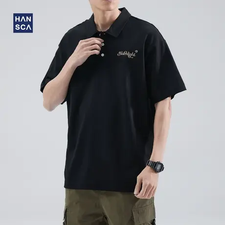 hansca纯棉短袖Polo衫男夏季新款纯色潮流宽松大码休闲翻领上衣服商品大图