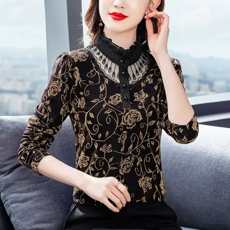 大码蕾丝打底衫女秋冬内搭时髦时尚洋气妈妈胖mm显瘦加绒加厚上衣图片