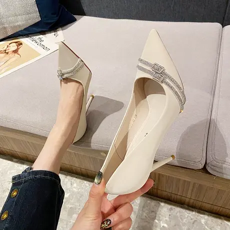 永希单鞋女尖头温柔风气质2024新款春秋水钻高级感浅口细跟高跟鞋商品大图