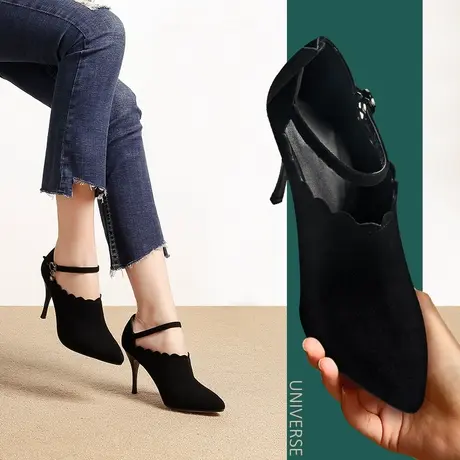 气质尖头时尚细跟及踝靴女新款秋季磨砂尖头百搭扣带黑色短靴商品大图