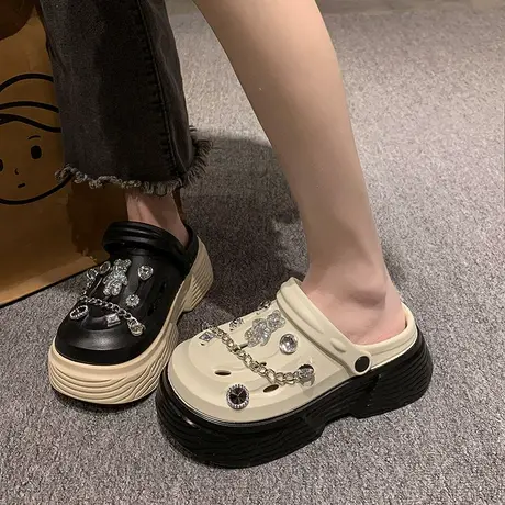 网红踩屎感厚底包头拖鞋女款春夏2024年新款外穿小个子增高洞洞鞋商品大图