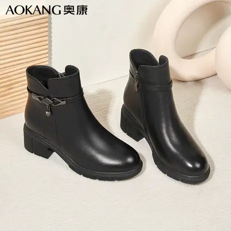 奥康女鞋冬季真皮加绒保暖中老年棉鞋短靴女粗跟防滑软底妈妈棉鞋图片