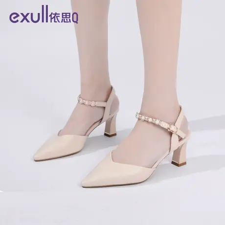 依思q2023秋季新款米白色高跟鞋女尖头2023新款后空通勤上班凉鞋图片