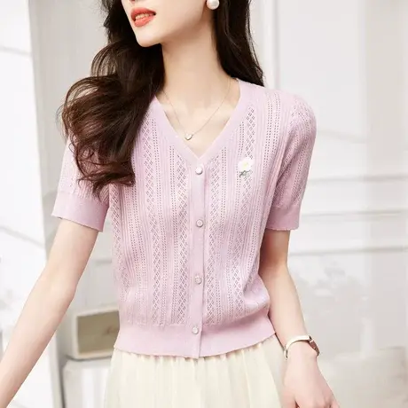 时尚气质温柔甜美针织短袖2023年夏季新款淑女V领显瘦通勤开衫图片