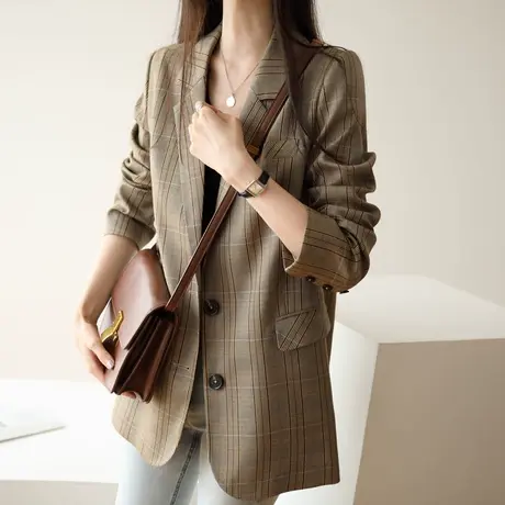 嘉茱莉2023秋季新款休闲西装外套女春秋格子短款小个子西服图片