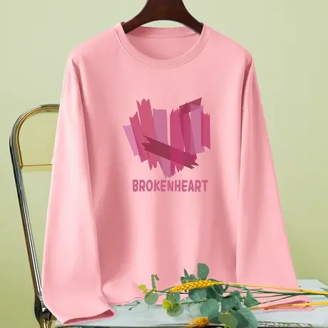 粉色长袖t恤女2023年秋季新款宽松纯棉薄款打底衫设计感爱心上衣商品大图