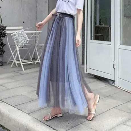 网纱裙半身裙春秋新款A字中长款两色拼接显瘦系带仙女裙hl图片
