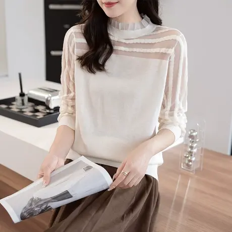 设计感网纱拼接针织衫女秋冬季2023年新款内搭打底半高领薄款上衣商品大图