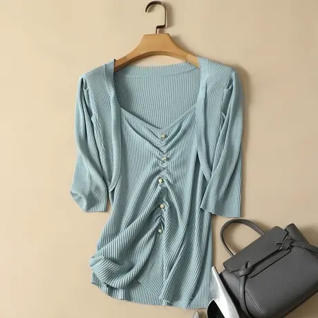 春夏2023年新款假两件中袖冰丝针织打底衫女薄款内搭五分袖上衣女商品大图