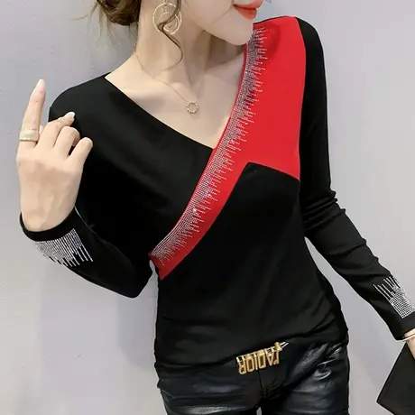 2023春秋新款性感V领烫钻长袖T恤女设计感撞色拼接上衣内搭打底衫商品大图