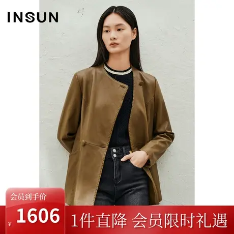 恩裳2023年春款新款时尚棕色高级绵羊皮外套干练短款皮衣商品大图