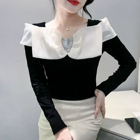 黑白撞色蝴蝶结拼接上衣性感一字领烫钻T恤女长袖洋气修身打底衫商品大图
