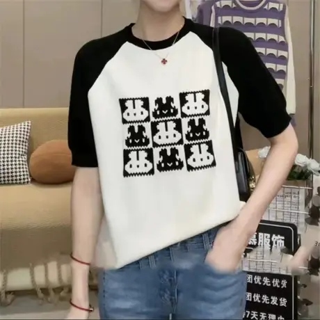 短袖t恤女夏季冰丝针织衫2023新款薄款圆领棋盘格兔子洋气打底衫商品大图