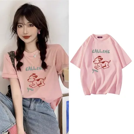 粉色短袖t恤女2023年夏季新款设计感小众宽松纯棉半袖上衣服ins潮商品大图