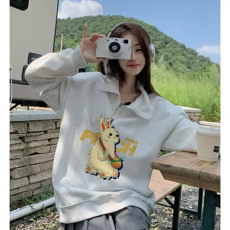 polo领衫卫衣女春秋学院风上衣2023新款韩版宽松半拉链小众外套潮图片