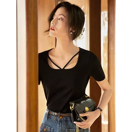 弥古短袖t恤女夏修身黑色丝光棉法式方领上衣设计感小众正肩体恤图片