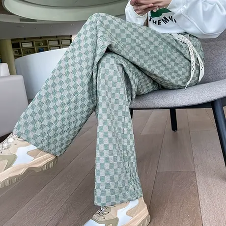 绿色棋盘格阔腿裤女2023年春秋新款高腰直筒宽松显瘦休闲拖地长裤图片