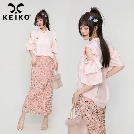 新中式改良粉色衬衫女短袖2023夏季新款辣妹温柔别致绝美露肩上衣商品大图