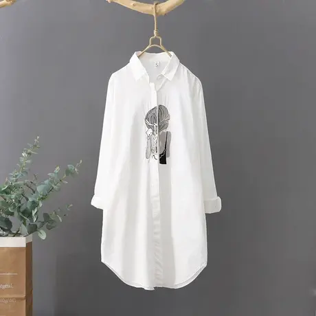 文艺范中长款白衬衫女韩版宽松休闲白衬衣2023春季刺绣长袖打底衫商品大图