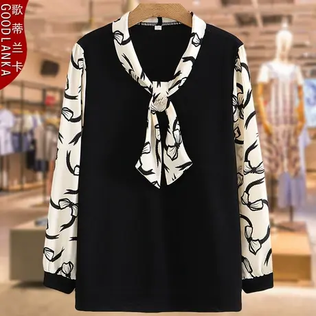 中年妈妈秋装长袖T恤女大码宽松时尚系带撞色拼接女士打底衫上衣商品大图