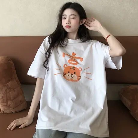 美式复古短袖t恤女2022早春大码半袖宽松韩版bf慵懒风上衣服ins潮商品大图