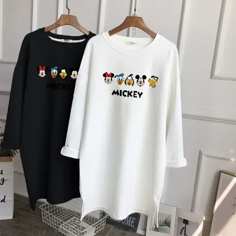 长袖T恤女中长款卡通印花磨毛打底衫2022秋冬纯棉大码减龄上衣潮商品大图