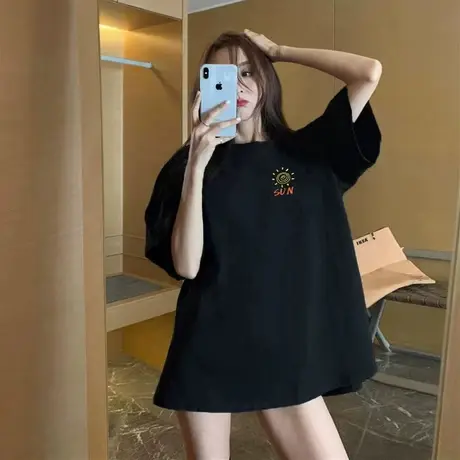 日系可爱卡通慵懒风浅色正肩短袖t恤女纯棉宽松显瘦半袖夏商品大图