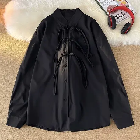 中国风暗黑山本耀司冰丝设计感盘扣不规则黑色衬衫新中式国潮上衣图片