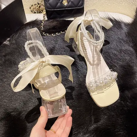 网纱高跟鞋女夏季2023年新款中粗跟水晶法式仙女珍珠罗马凉鞋ins商品大图
