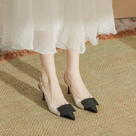 尖头拼接包头凉鞋2023夏季新款后空细跟高跟鞋仙女风外穿撞色凉鞋图片