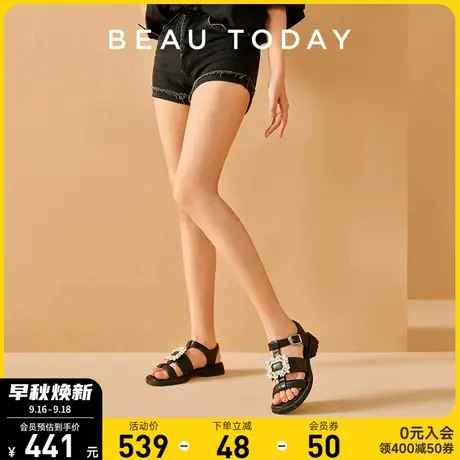 BeauToday夏季法式罗马凉鞋女BT平底凉鞋女真皮外穿凉鞋水钻凉鞋商品大图